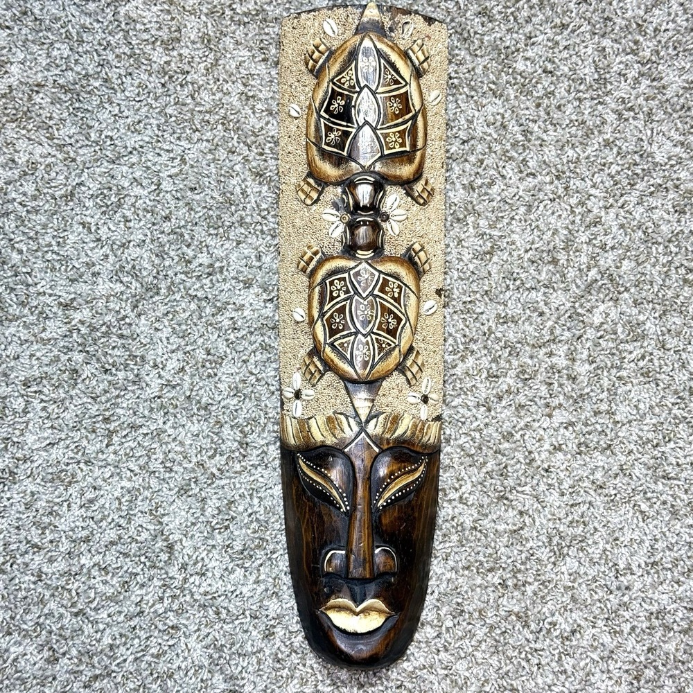 VTG Bahamas Hand Carved Wood Tribal Mask Turtle Cowrie Shell Wall Decor Folk